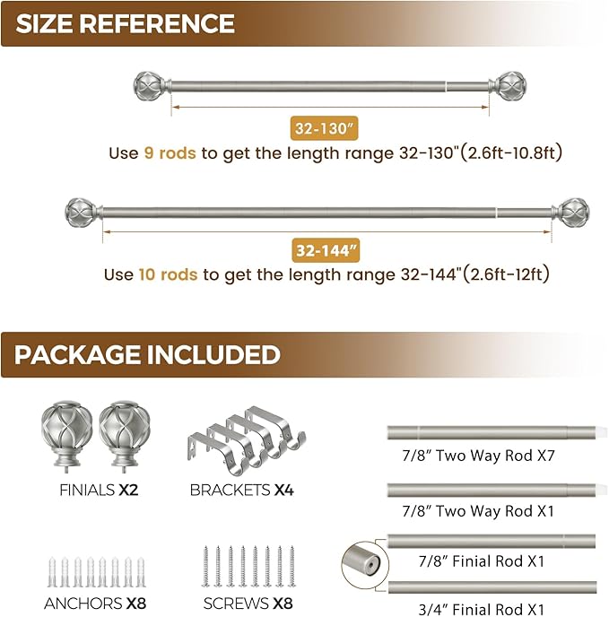 KAMANINA Silver Curtain Rods for Windows 72 to 144 Inches (6-12ft) Long Heavy Duty Curtain Rods, 7/8 Inch Adjustable Drapery Rods with Decorative Netted Texture Finials