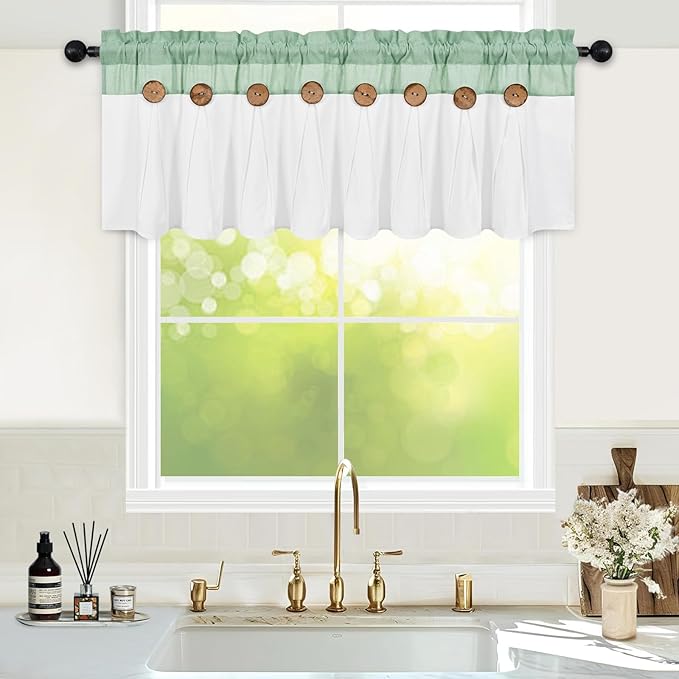 FRAMICS Farmhouse Valance Curtains, Boho Cotton Linen Kitchen Valance, Sage Green Rustic Button Window Valance for Kitchen Bathroom Bedroom, Country Rod Pocket Valances for Windows,52 x 18 Inch
