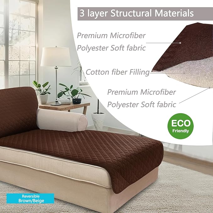 U-NICE HOME Sectional Couch Cover for Dogs Pets Chaise Lounge Reversible Sofa Cover Furniture Protector with Elastic Adjustable Strap, Brown/Beige