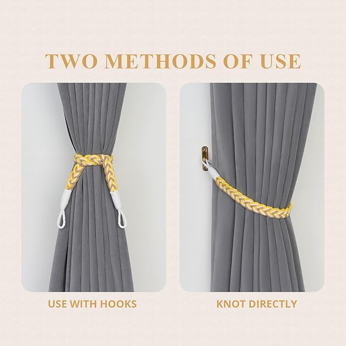 NICEEC 2 Pack Natural Cotton Rope Curtain Tiebacks Elegant Boho Style Decorative Drape Tie Backs Soft Hand-Woven Rope Curtain Holdbacks with Metal Hook for Home & Office Drapery (Yellow & White)