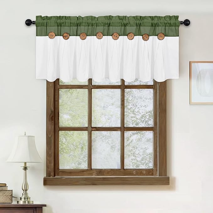 FRAMICS Farmhouse Valance Curtains, Boho Cotton Linen Kitchen Valance, Rustic Button Window Valances for Kitchen Bathroom, Rod Pocket Valances for Windows, Olive Green and White, 52 x 18 Inch