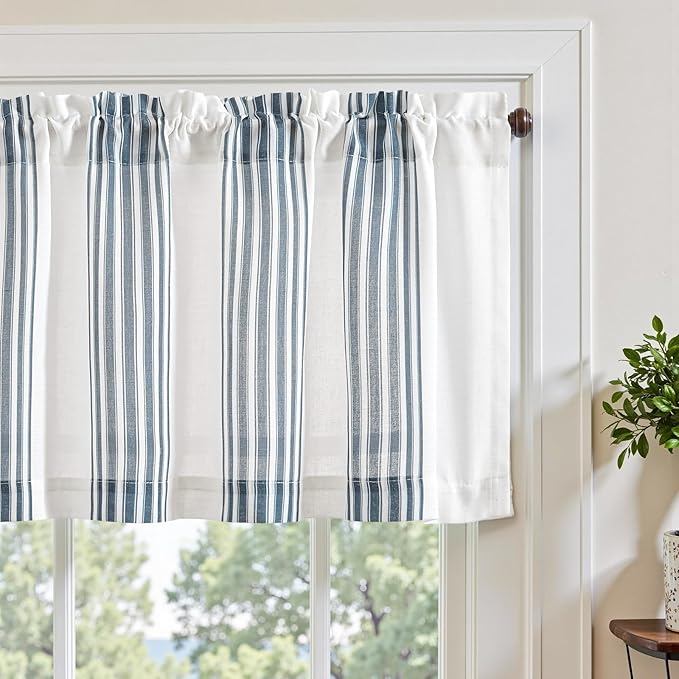 jinchan Striped Linen Valance Curtain 16 Inch Vertical Striped Valance for Kitchen Bathroom Light Filtering Rod Pocket Cottagecore Farmhouse Semi Sheer Short Window Curtain 1 Panel Blue