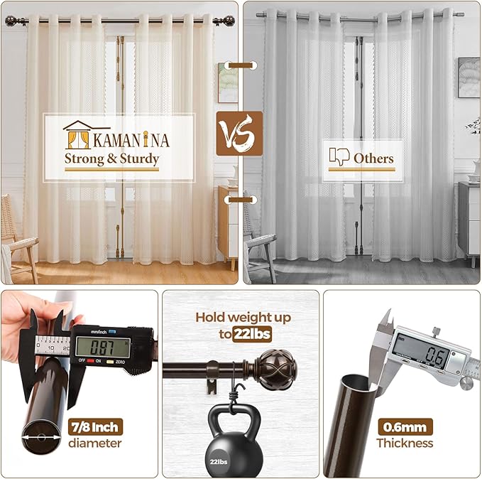 KAMANINA 2 Pack Curtain Rods for Windows 48 to 84 Inch, Antique Bronze Heavy Duty Curtain Rod Adjustable, 7/8 Inch Single Decorative Drapery Rods 32 to 86 Inch(2.6-7.1Ft), Netted Texture Finials
