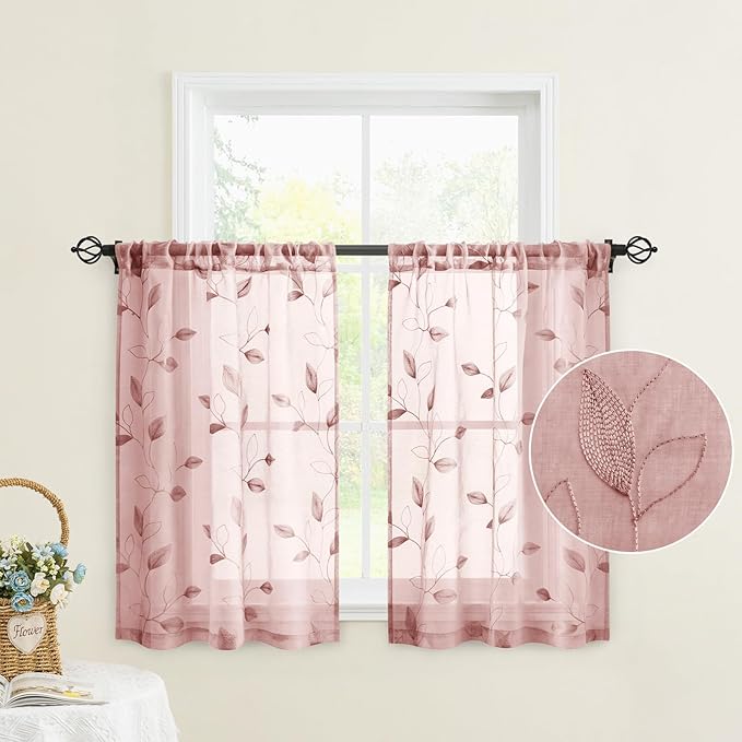 HOMEIDEAS Blush Pink Sheer Kitchen Curtains 30 X 24 Inch Length 2 Panels Embroidered Leaf Pattern Short Bathroom Window Curtains for Small Window Valance Tiers
