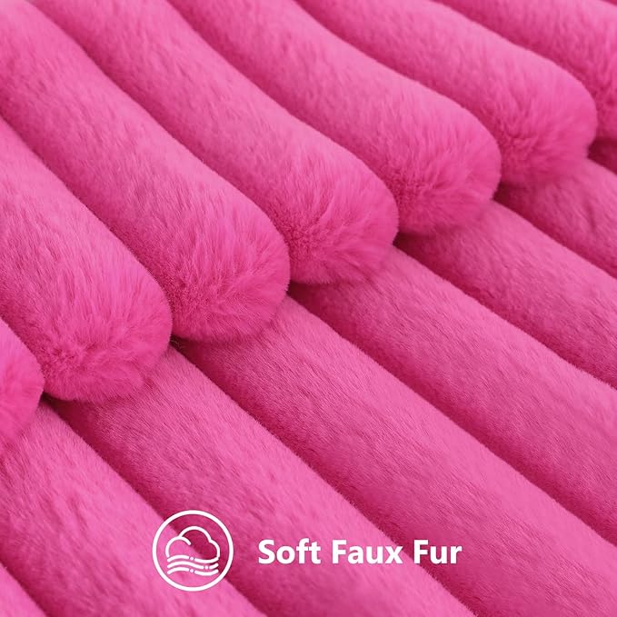 decorUhome Summer Cozy Faux Fur Throw Pillow Covers 26x26 Set of 2 Decorative Soft Plush Striped Modern Farmhouse Boho Couch Euro Sham Pillow Cases with Velvet Back for Sofa Bed Living Room, Hot Pink
