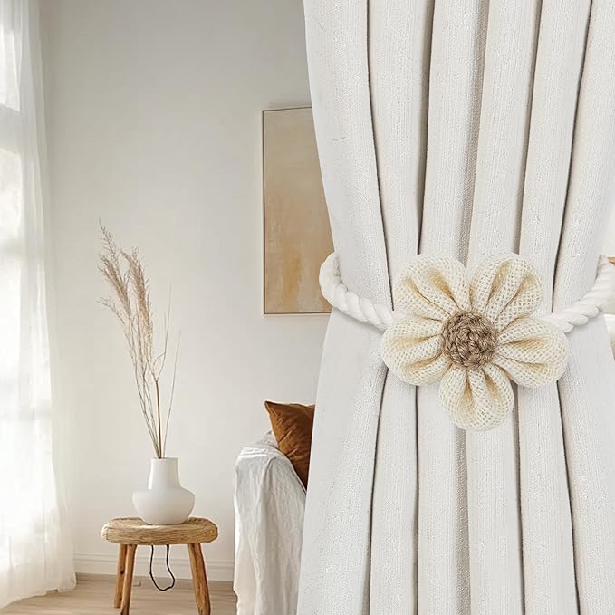 KLOGTSIND Magnetic Curtain Tiebacks, 6 Pack Flower Curtain Holdbacks for Draperies, Elegant Curtain Tie Backs for Boho Bedroom Decor, Toddler Girl Room Decor, Baby Nursery Decor