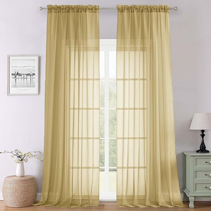 Lecloud Gold Sheer Curtains 108 Inches Long 2 Panels, Dual Rod Pocket Light Filtering Bedroom Curtains for Living Room Decor, Airy Solid Color Window Treatments Drapes, Each Panel 59" W x 108" L