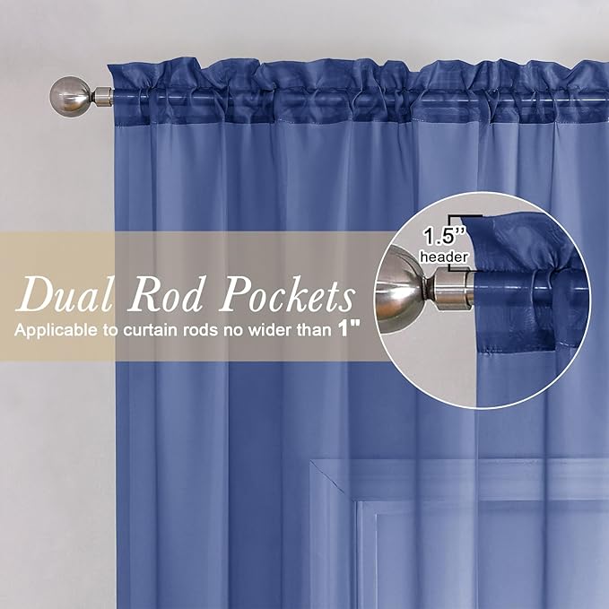 Lecloud Royal Blue Sheer Curtains 36 Inch Length 2 Panels, Solid Voile Cafe Kitchen Curtains, Dual Rod Pocket Airy Gauzy Curtain Tiers for Bedroom, Each Panel 42 X 36 Inch