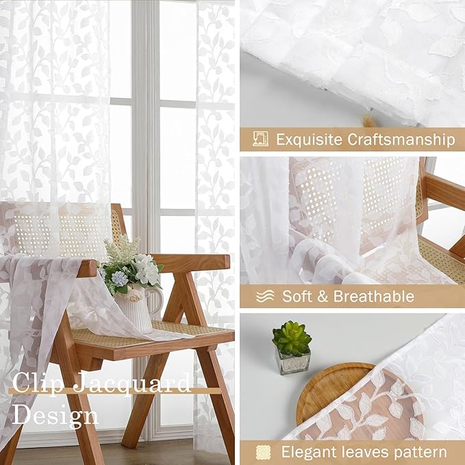 Chyhomenyc Extra Long White Sheer Curtains 108 Inch Length 2 Panels Set, Light Filtering Tufted Textured Soft Airy Rod Pocket Gentle Leaf Window Treatment Drapes for Living Room, 52" Wx108 L, 2PCS