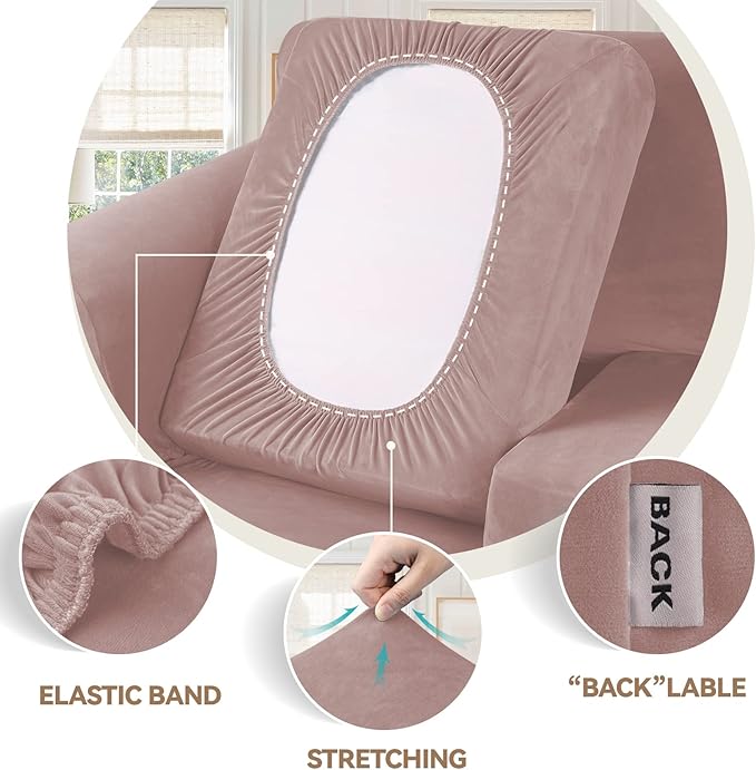 WEERRW 4 Pieces Velvet High Stretch Couch Covers for 3 Cushion Couch Sofa Slipcovers, Washable Furniture Protector with Non Slip Elastic Bottom, Feature Soft and Thick Plush Fabric, Pink, Large