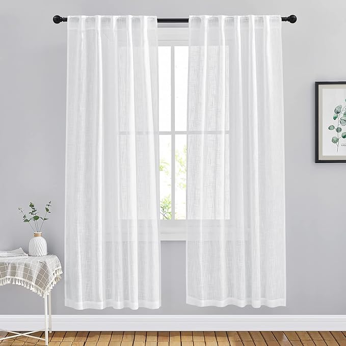 NICETOWN Semi Sheer Linen Curtains for Bedroom, Rod Pockets & Back Tab Linen Sheer Window Treatments Privacy with Light Penetration for Flat/Apartment, White, W42 by L72, Set of 2