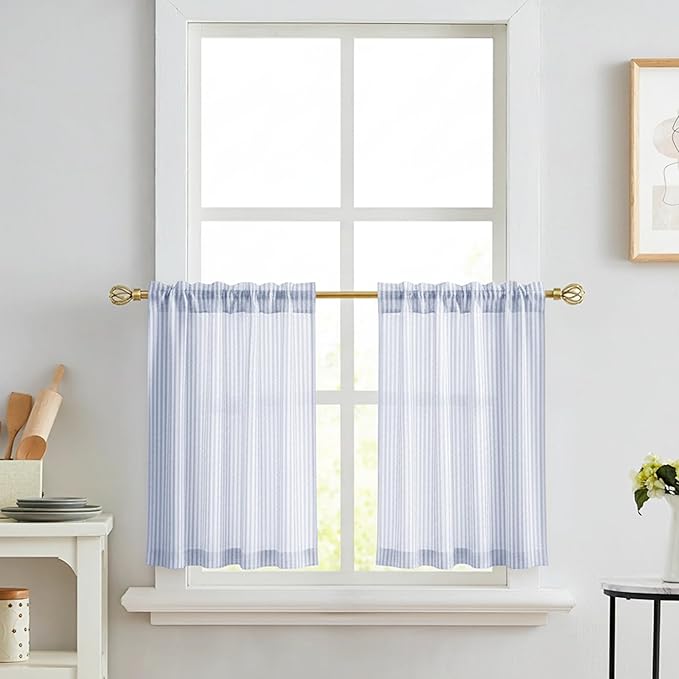 RYB HOME Striped Cafe Kitchen Curtains 24 inch Length, Linen Tickingstripe Tier Curtains for Living Room Bathroom Small Window Farmhouse Rustic Pinstripe Valances, Blue, W26 x L24, 2 Panels