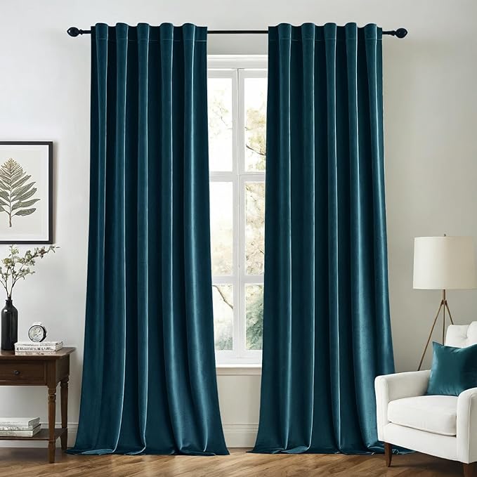 MIULEE Blue Velvet Curtains 90 inches 2 Panels - Luxury Room Darkening Curtains for Bedroom Living Room Thermal Insulated Super Soft Window Drapes Rod Pocket & Back Tab, Peacock Blue