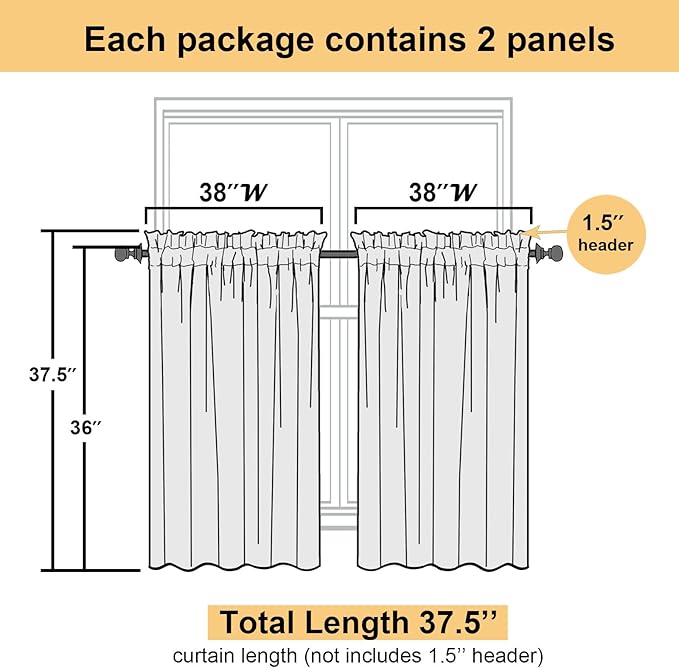 Lecloud Leia 2 PCS Black Sheer Kitchen Curtains 36 Inch Length, Airy & Breathable Clip Textured Leaf Cafe Living Room Voile Curtain Tiers, Dual Rod Pockets Jacquard Bathroom Bedroom Drapes, 38W x 36L