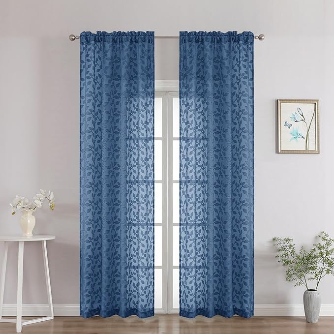 Chyhomenyc Dusty Blue Sheer Curtains 90 Inch Length 2 Panels Set, Light Filtering Tufted Textured Soft Airy Rod Pocket Gentle Leaf Window Treatment Drapes for Bedroom Living Room, 42" Wx90 L, 2PCS