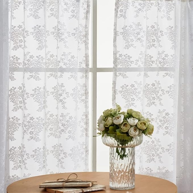 YJ YANJUN Vintage Lace Curtains 30 Inch Length Pair Short White Sheer Kitchen Cafe Curtains, Scalloped Half Window Tiers, Mini Front Door for Small Window Privacy, Desk Cabinet 26" x 30" White