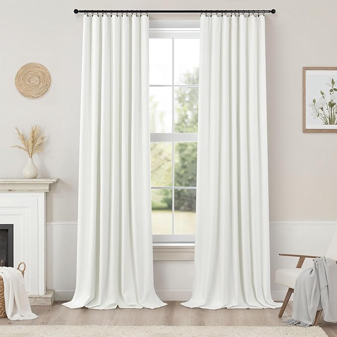 Living Room Curtains 84 Inches Long Faux Linen Darkening Curtain for Bedroom Boho Burlap Full Blackout Soundproof Thermal Insulated Drapes for Nursery Room Divider 52x84 Length 2 Panel Ivory Off White