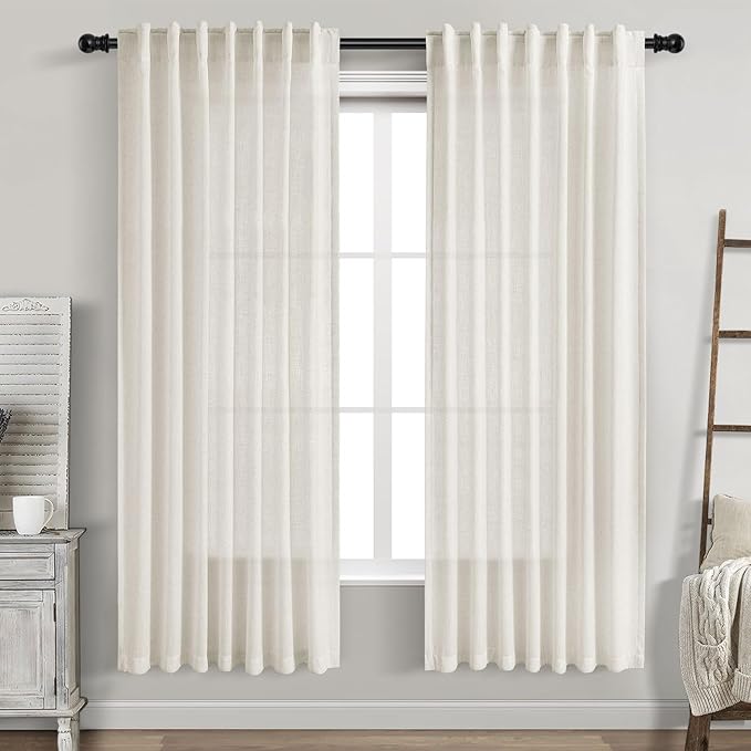 Nanspring Cream Linen Curtains 77 Inches Long for Bedroom Back Tab Light Filtering Privacy Sheer Curtains Modern Farmhouse Coastal Decor Cotton Textured Gauze Curtain for Bathroom 2 Panel Set 52x77