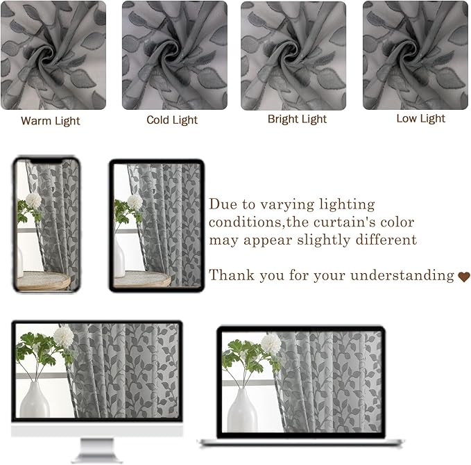 Chyhomenyc Charcoal Grey Sheer Curtains 90 Inch Length 2 Panels Set, Light Filtering Tufted Textured Soft Airy Rod Pocket Gentle Leaf Window Treatment Drapes for Bedroom Living Room, 42" Wx90 L, 2PCS