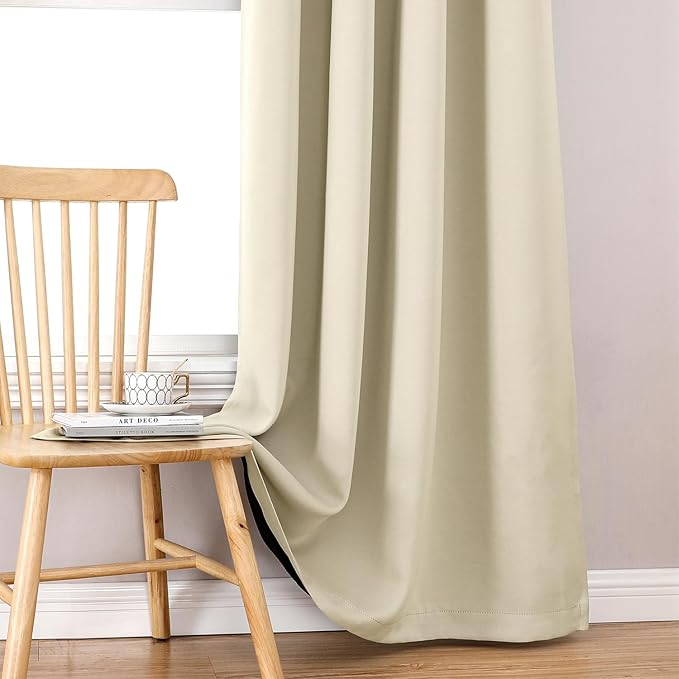 ChrisDowa 100% Blackout Curtains 54 inch Long for Bedroom with Black Liner, 2 Thick Layers Total Blackout Thermal Insulated Grommet Window Curtains 2 Panels Set (Light Beige, 42 x 54 Inch)