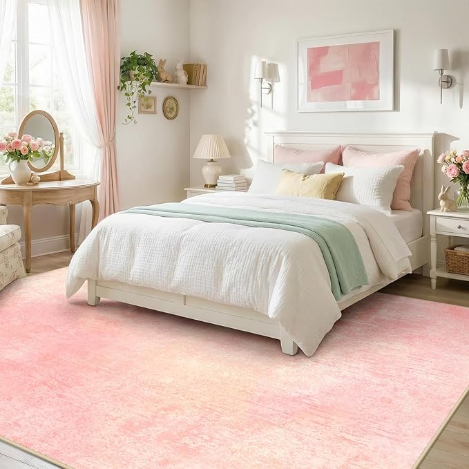 Washable Area Rugs 8'x10' Non-Slip Modern Abstract Soft for Living Room Entryway Bedroom Nursery, Print Pattern, Light Pink