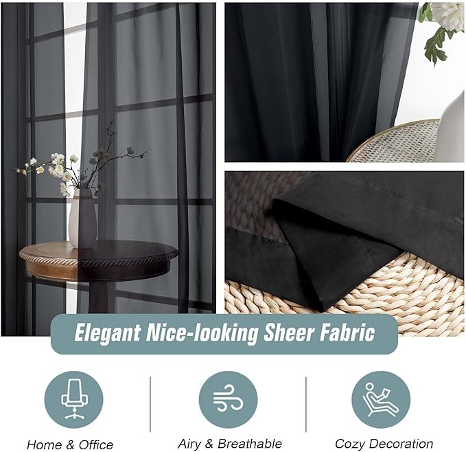 Halloween Black Window Sheer Curtains 45 Inches Length, Voile Short Curtains for Living Room Bedroom, Modern Soft Window Drapes 2 Panels, Top Dual Rod Pocket Design, 2x42Wx45L Inches