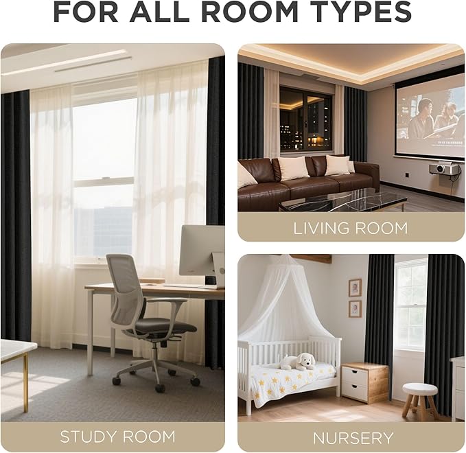 Joydeco Blackout Curtains for Bedroom - 100% Light Blocking 2 Panels Set Black Drapes 66" W x 90" L, Thermal Insulated Room Darkening Curtains, Linen Textured for Living Room, Rod Pocket & Back Tabs
