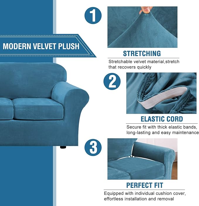 H.VERSAILTEX Modern Velvet Plush 4 Piece High Stretch Sofa Slipcover Sofa Cover Furniture Protector Form Fit Luxury Thick Velvet Sofa Cover for 3 Cushion Couch Width Up to 90 Inch (Sofa,Peacock Blue)
