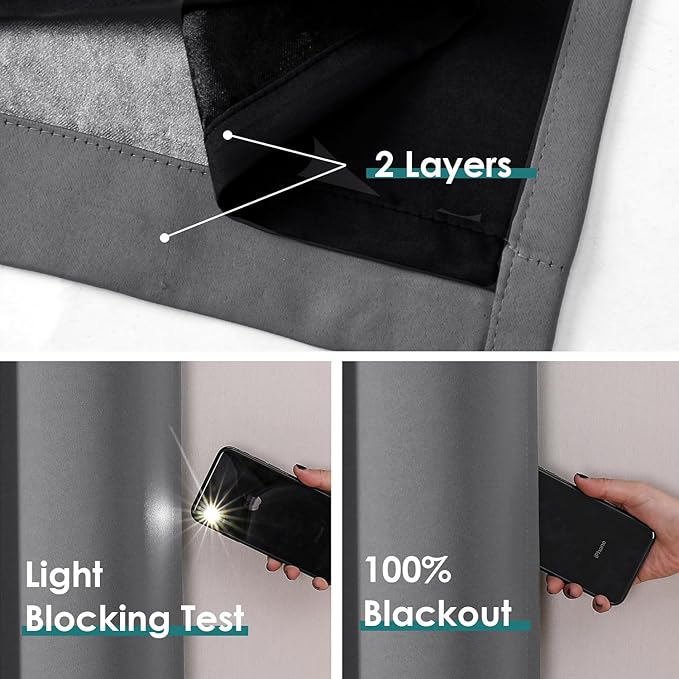 ChrisDowa 100% Blackout Curtains for Bedroom with Black Liner, 2 Thick Layers Total Blackout Thermal Insulated Grommet Window Curtains 2 Panels Set (Grey, 42 x 84 Inch)