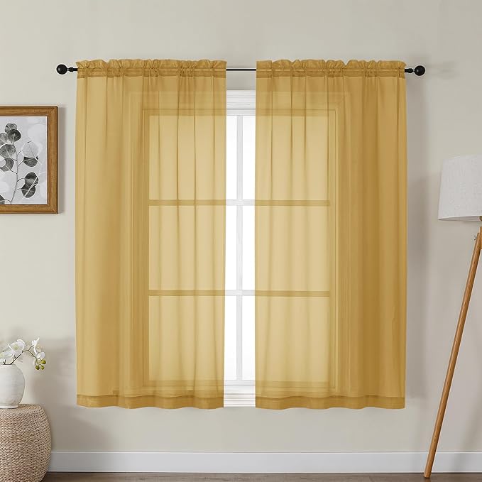 Gwine Gold Sheer Curtains for Bedroom 54 inches Long 2 Panels, Light Filtering Voile Rod Pocket Curtains, Airy Transparent Sheer Drapes for Living Room, Each 42" Wx54 L