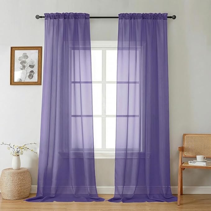 Gwine Sheer Curtains 96 Inches Long - Light Filtering Rod Pocket Window Curtain Panels for Bedroom, Elegant Soft Voile Living Room Sheer Drapes, Each 42Wx96L, 2 Panels, Purple