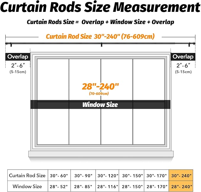 GEEBOBO Black Curtain Rods for Windows 120 to 240 Inch, 1 Inch Extra Long Heavy Duty Easy Install Adjustable Curtain Rods Set for Outdoor, Farmhouse, Bedroom, Living Room (Black, 30"-240")