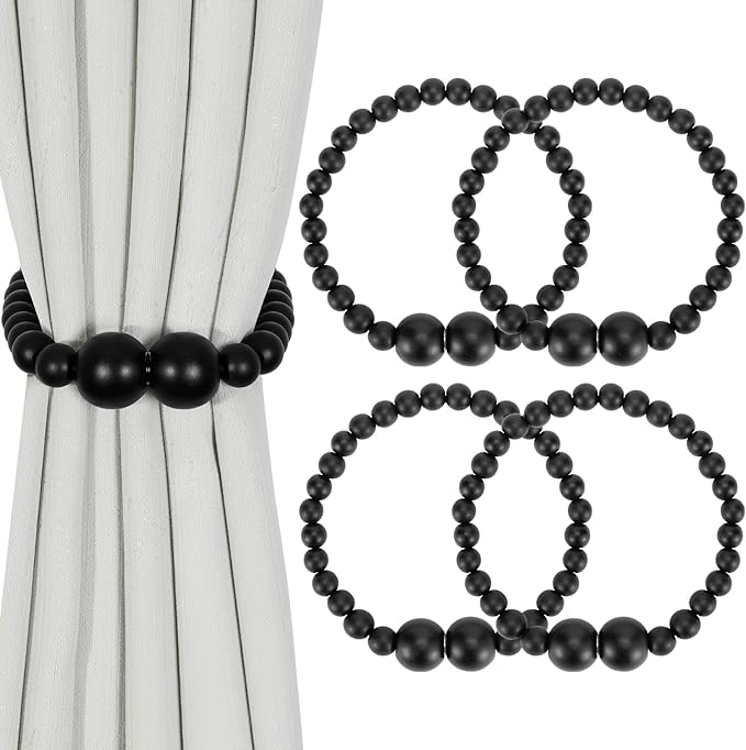 Magnetic Curtain Tiebacks, 4 Pack Curtain Holdbacks for Draperies, Wood Bead Curtain Tiebacks, Elegant Curtain Tie Backs for Bedroom Decor, Boho Room Decor, Nursery Decor, Farmhouse Decor
