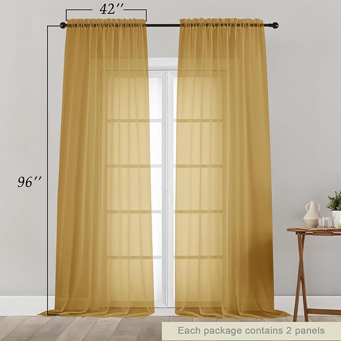 Gold Sheer Curtains for Bedroom Living Room 96 Inches Long 2 Panels, Modern Airy Soft Lightweight Rod Pocket Light Filtering Sheer Curtains Drapes, Gold, Each 42" Wx96 L Inch