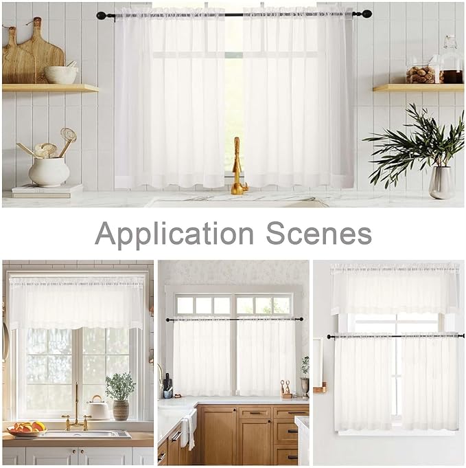 Kitchen Curtains 24 Inch Length Tier 2 Pieces, Ivory Sheer Curtain Solid Soft Sheer Short Curtains for Windows, Cafe Bathroom Basement Rod Pocket Drapes, Ivory, Each 42" Wx24 L Inches