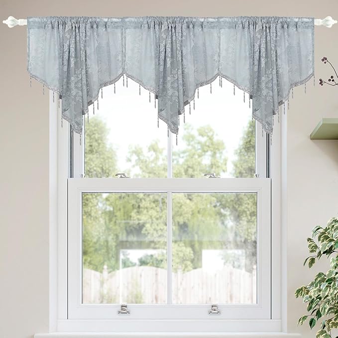 Molaxhome Swag Curtain 51 inch Length Rod Pocket Scalloped Curtain Valance Sheer Lace Panels with Hanging Crystal Beads for Kitchen Bedroom Window Treatments Drape Decor 1pc (Lace Grey, 51Wx23L)