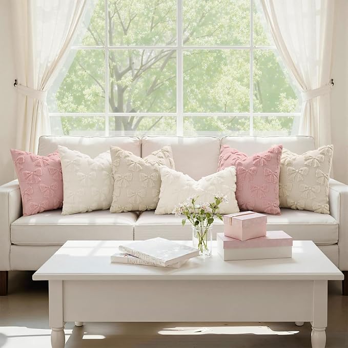 decorUhome Cream White Bow Pillow Covers Set of 2 Coquette Aesthetic Cute Preppy Plush Faux Pillowcases for Girly Bedroom or Couch 12x20 Inch