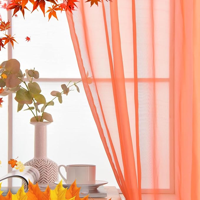 SpaceDresser Basic Rod Pocket Sheer Voile Window Curtain Panels Jaffa Orange 1 Pair 2 Panels 52 Width 84 Inch Long for Kitchen Bedroom Children Living Room Yard(Jaffa Orange,52 W x 84 L)