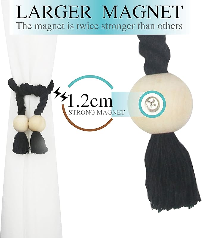 2 Pack Magnetic Curtain Tiebacks Cotton Hand Woven Tie Back Decorative Rope Holdbacks for Curtains Draperies No Tools Required, Black