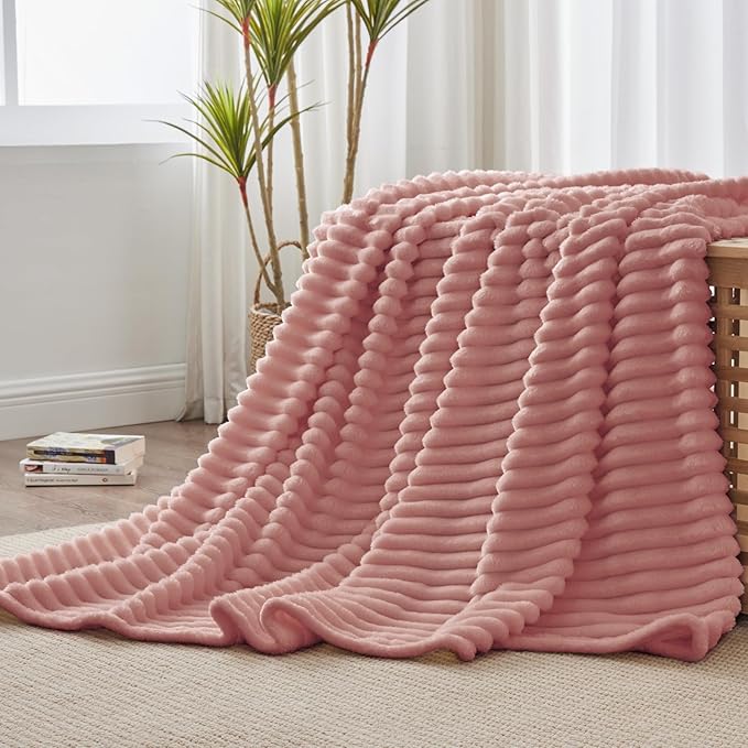 BEDELITE Fleece Throw Blanket for Couch - 300GSM Soft & Warm Fluffy Dusty Pink Blanket, Decorative and Giftable Striped Blankets for Women, Men, 50"x70"