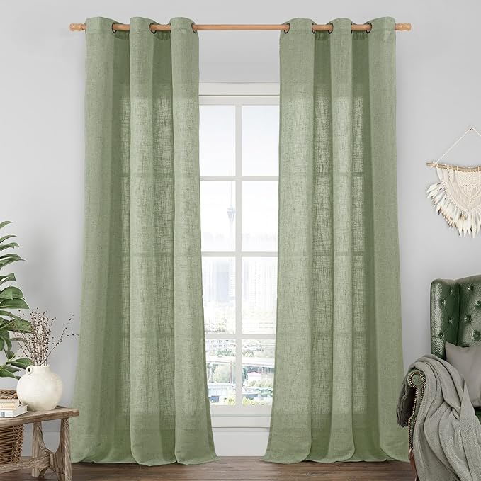 LAMIT Sheer Linen Curtains 84 Inches Long for Bedroom, Faux Linen Textured Light Filtering Drapes Bronze Grommet Window Treatments Semi Sheer Panels for Living Room, 2 Panels, 38 x 84 Inch, Sage Green