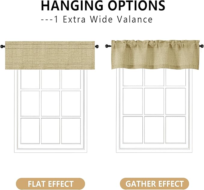 OVZME Valance for Windows, Light Filtering Faux Linen Textured Small Kitchen Valances for Windows, Dual Rod Pocket Farmhouse Short Curtain for Bathroom Basement, 52Wx18L inch, 1 Piece, Camel