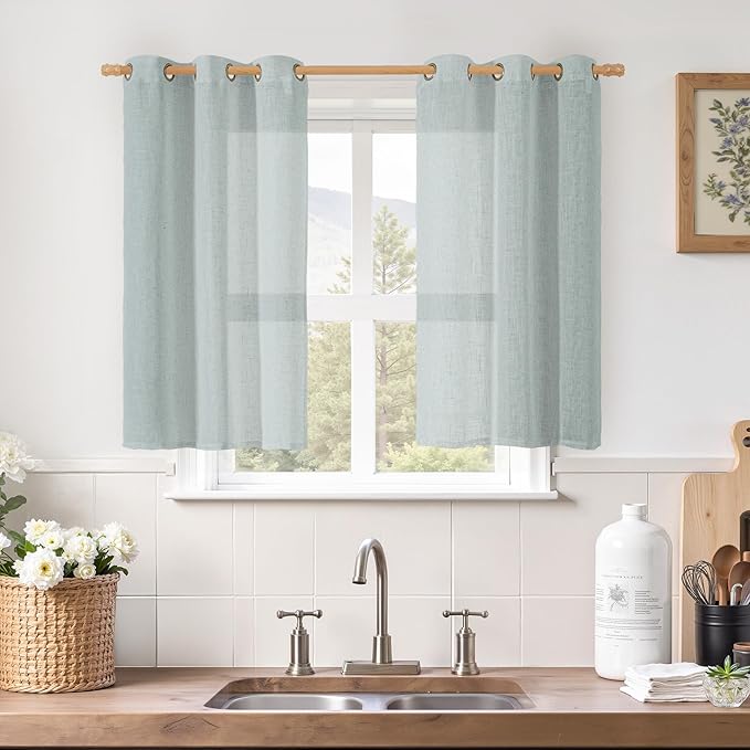 LAMIT Short Linen Curtains 40 Inches Long for Small Window, Bronze Grommet Linen Drapes Light Filtering Sheer Window Curtains for Kitchen, Set of 2 Panels (34 x 40 Inch, Greyish Blue)