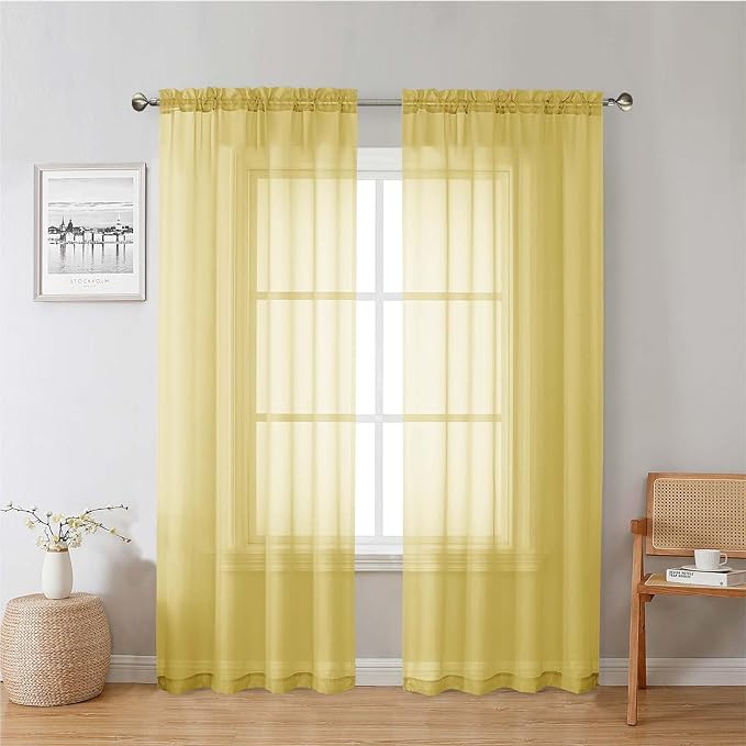 Lecloud Yellow Sheer Curtains 78 Inches Long 2 Panels, Gauzy Light Filtering Breathable Curtain, Solid Voile Home Decor Drapes with Dual Rod Pocket for Dining Room Bedroom, Each 42" W x 78" L
