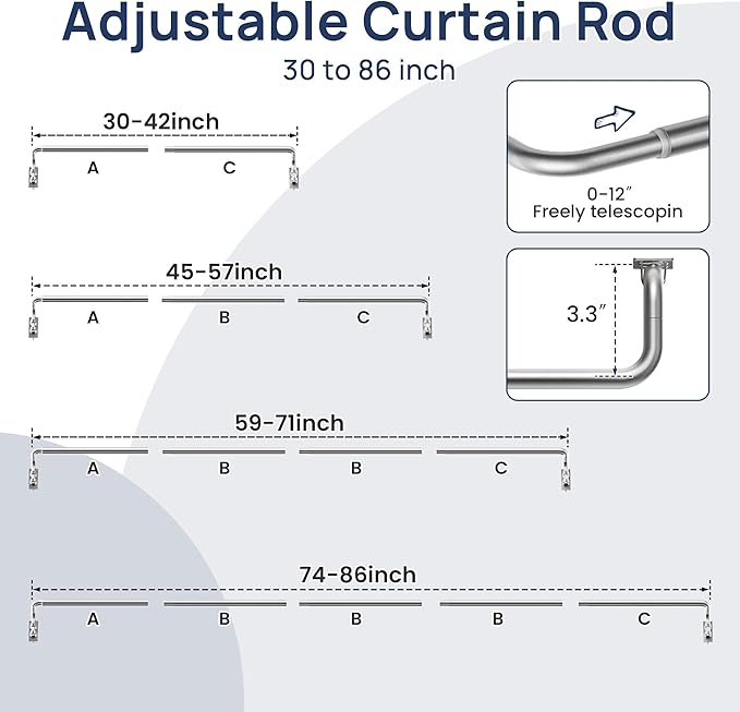 ENJOYBASICS Blackout Curtain rod for windows 48 to 84, Wrap Around Curtain Rods for Bedroom, Living Room, Adjustable from 30 to 86 Inches, Silver