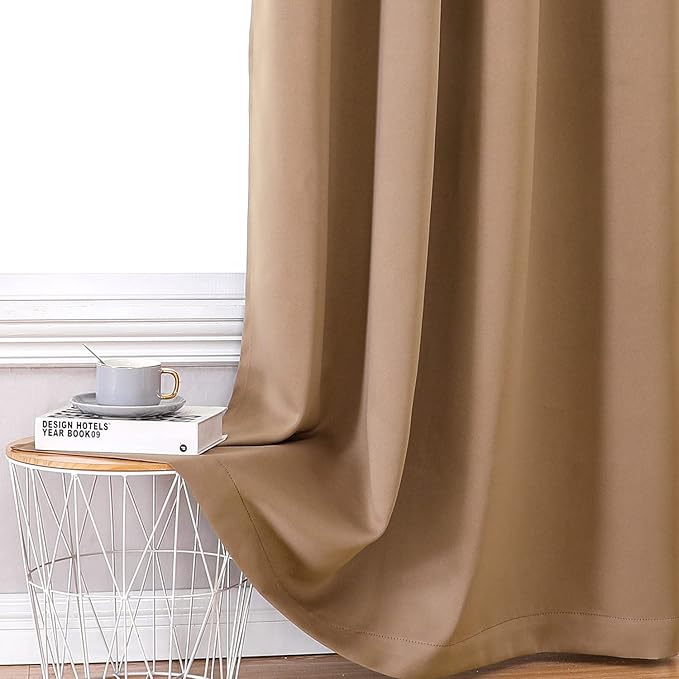 ChrisDowa 100% Blackout Curtains for Bedroom with Black Liner, 2 Thick Layers Total Blackout Thermal Insulated Grommet Long Window Curtains 2 Panels Set (Cappuccino, 52 x 95 Inch)