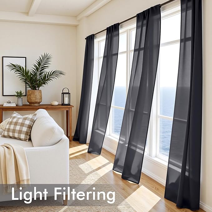 MIULEE Black Sheer Curtains 90 Inches Long, 4 Panels Set, Light Filtering Halloween Rod Pocket Voile Drapes for Living Room and Bedroom, Airy Soft Fabric Window Treatments, 54 x 90 Inches