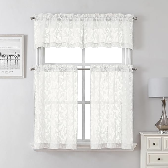 Lecloud Leia Ivory 2 PCS Sheer Kitchen Curtains 30 Inch Length, Breathable Clip Textured Leaf Cafe Bedroom Voile Curtain Tiers, Dual Rod Pockets Jacquard Bathroom Bedroom Drapes, 40 W x 30 L