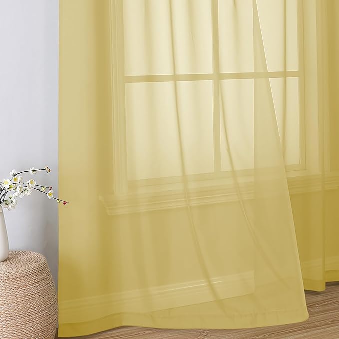 Simplebrand Yellow Sheer Curtains 96 Inches Long, Light Filtering Rod Pocket Solid Color Window Sheer Curtain Panels, Elegant Curtains & Drapes for Living Room, Bedroom 2 Panels, 42" W x 96" L