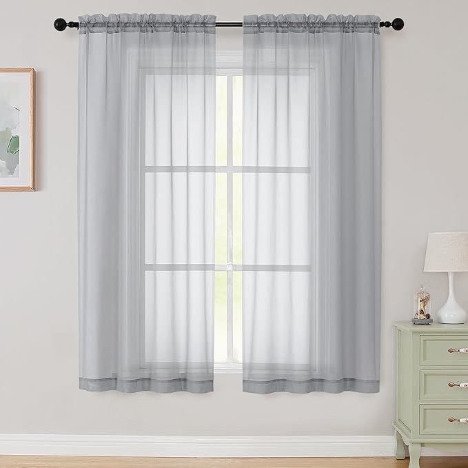 Sheer Light Grey Curtains for Bedroom Living Room 63 Inch Length 2 Panels, Airy Soft Light Filtering Sheer Dining Room Curtains, Modern Rod Pocket Drapes, Light Grey, Each 42" Wx63 L Inches